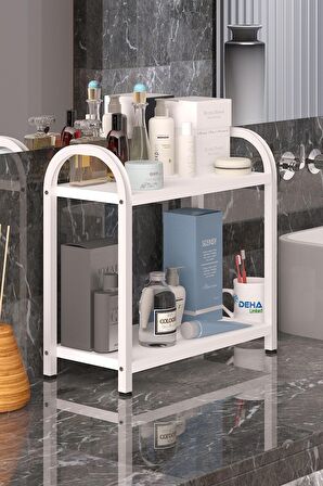 Banyo-Mutfak Toparlayıcı Düzenleyici Organizer 2 Katlı Geniş Metal Beyaz Bambu Tezgah Üstü Raf 