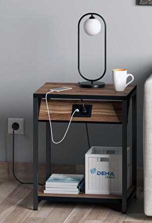 220Volt Priz’li ve Usb Type C Şarj Modüllü Koltuk Yanı Yan Sehpa Komidin Elektrikli Akıllı Sehpa