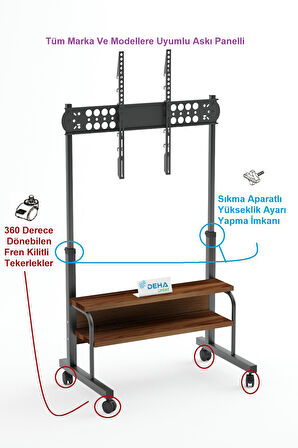 Frenli Tekerlekli Yükseklik Ayarlı TV Duvar Paneli  Tv Standı Konsol Hareketli Televizyon Ünitesi 