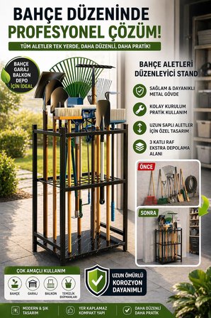 Bahçe Aletleri Düzenleyici Stand Kazma Kürek Organizer Raf Çok Amaçlı Metal Garaj Balkon Rafı