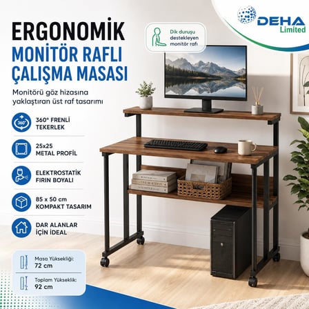 Frenli Tekerlekli Çalışma Masası Bilgisayar Oyuncu Masası Monitör Raflı Laptop Öğrenci Ders Masası 85x50