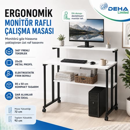 Frenli Tekerlekli Çalışma Masası Bilgisayar Oyuncu Masası Monitör Raflı Laptop Öğrenci Ders Masası 85x50