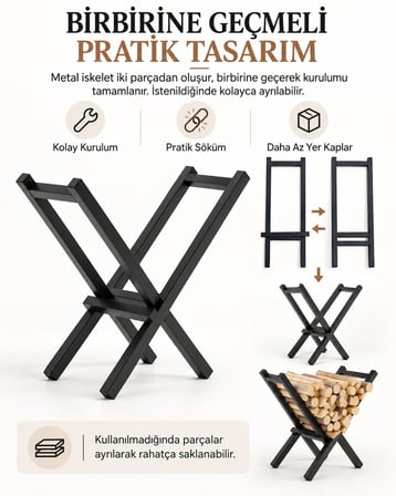 Metal Şömine Odunluk Siyah Dekoratif Soba Yanı Kütük Odun Standı Odun Saklama Rafı