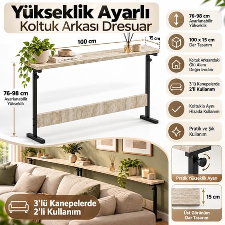 Yükseklik Ayarlı Koltuk Arkası Dresuar Sehpa Raf 100x15 cm Dar Alan Konsol Masa