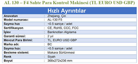 Bill Counter AL-130 F4 SahtePara Kontrol Makinesi  TL, USD, EURO, GBP