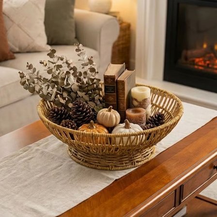 31 cm Rattan Servis Çanağı - Doğal Hasır Görünümlü Dekoratif Meyve, Ekmek ve Sunum Kasesi