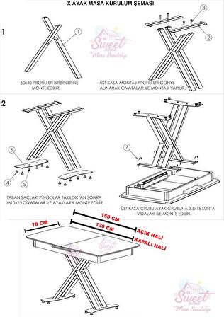 Açılır Milano Masa Mdf  X Gold Metal Ayak  ( Ortadan Açılır ) 70x120 cm  