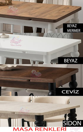 Yanlardan Açılır Yakamoz 90x60 cm Dişbudak Beyaz Etek Masa 4 Adet Çapraz Sandalye 