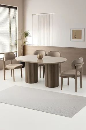 Orkide Sabit Oval Bohem Cappicino Yemek Masası Takımı Ahşap Nergis Sandalye  (1 Masa 4 Sandalye )