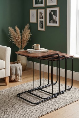 C Zigon Mdf Sehpa  3'lü Set, Tekerli  Metal Ayak, İç İçe Geçebilir Ceviz