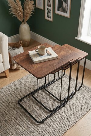 C Zigon Mdf Sehpa  3'lü Set, Tekerli  Metal Ayak, İç İçe Geçebilir Ceviz
