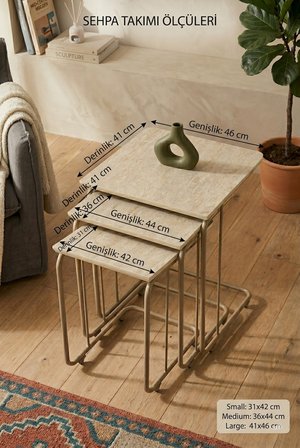 C Zigon Mdf Sehpa  3'lü Set, Tekerli  Metal Ayak, İç İçe Geçebilir Ceviz