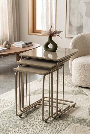 C Zigon Mdf Sehpa  3'lü Set, Tekerli  Metal Ayak, İç İçe Geçebilir Cappicino