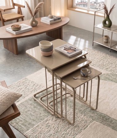 C Zigon Mdf Sehpa  3'lü Set, Tekerli  Metal Ayak, İç İçe Geçebilir Cappicino