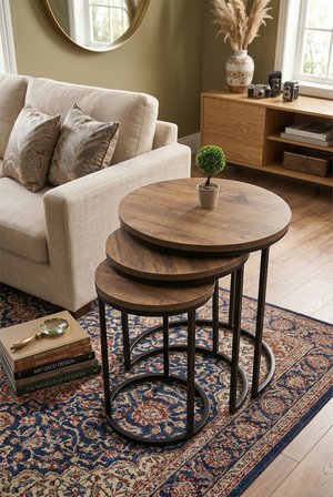 Dünya Zigon Mdf Sehpa  3'lü Set,  Metal Ayak, İç İçe Geçebilir Diş Budak