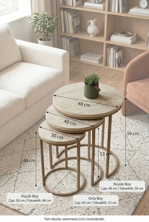Dünya Zigon Mdf Sehpa  3'lü Set,  Metal Ayak, İç İçe Geçebilir Sidon
