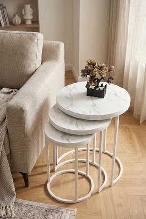 Dünya Zigon Mdf Sehpa  3'lü Set,  Metal Ayak, İç İçe Geçebilir Marmo