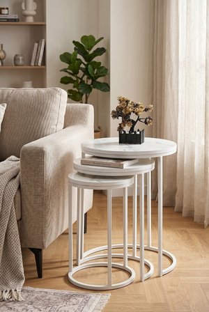 Dünya Zigon Mdf Sehpa  3'lü Set,  Metal Ayak, İç İçe Geçebilir Marmo