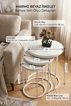 Dünya Zigon Mdf Sehpa  3'lü Set,  Metal Ayak, İç İçe Geçebilir Marmo