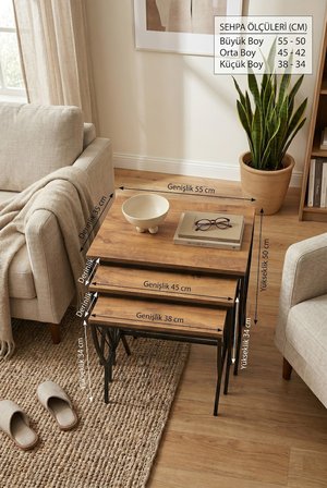 Yelpaze Zigon  Sehpa  3'lü Set,  Metal Ayak, İç İçe Geçebilir Diş Budak