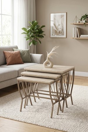 Yelpaze Zigon  Sehpa  3'lü Set,  Metal Ayak, İç İçe Geçebilir Sidon