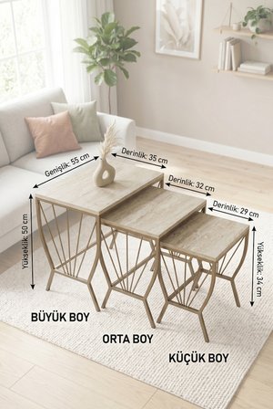 Yelpaze Zigon  Sehpa  3'lü Set,  Metal Ayak, İç İçe Geçebilir Sidon