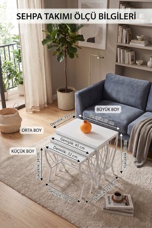 Yelpaze Zigon  Sehpa  3'lü Set,  Metal Ayak, İç İçe Geçebilir Beyaz
