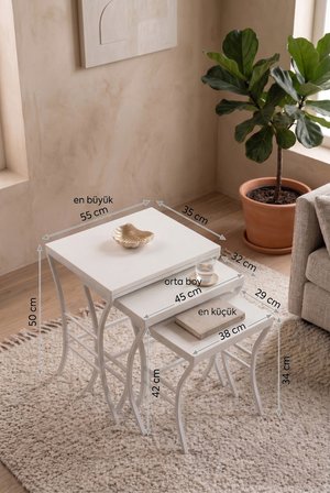 Eyfel Zigon Sehpa 3'lü Set,  Metal Ayak, İç İçe Geçebilir Beyaz