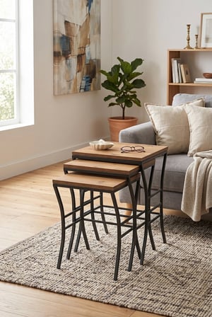 Eyfel Zigon Sehpa 3'lü Set,  Metal Ayak, İç İçe Geçebilir Diş Budak