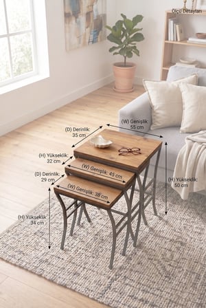 Eyfel Zigon Sehpa 3'lü Set,  Metal Ayak, İç İçe Geçebilir Diş Budak
