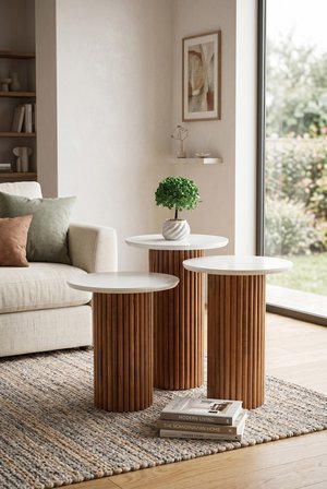 Oslo Yuvarlak Cilalı MDF Zigon Sehpa  3'lü Set, Ahşap Ayak Beyaz