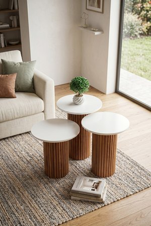 Oslo Yuvarlak Cilalı MDF Zigon Sehpa  3'lü Set, Ahşap Ayak Beyaz