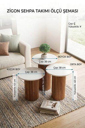 Oslo Yuvarlak Cilalı MDF Zigon Sehpa  3'lü Set, Ahşap Ayak Beyaz