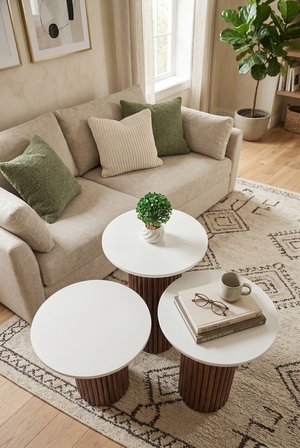 Oslo Yuvarlak Cilalı MDF Zigon Sehpa  3'lü Set, Ahşap Ayak Ceviz