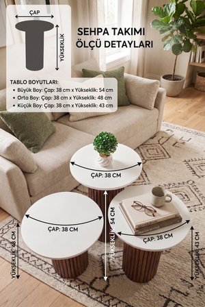 Oslo Yuvarlak Cilalı MDF Zigon Sehpa  3'lü Set, Ahşap Ayak Ceviz