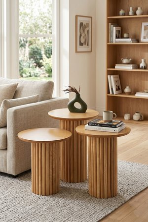 Oslo Yuvarlak Cilalı MDF Zigon Sehpa  3'lü Set, Ahşap Ayak Naturel