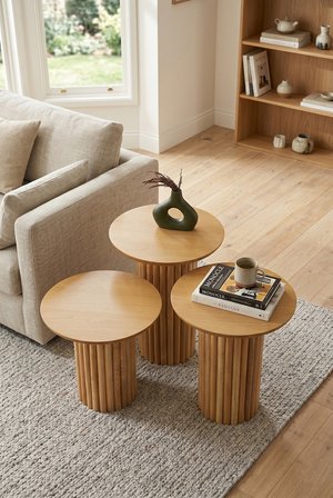 Oslo Yuvarlak Cilalı MDF Zigon Sehpa  3'lü Set, Ahşap Ayak Naturel