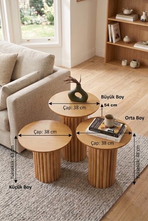 Oslo Yuvarlak Cilalı MDF Zigon Sehpa  3'lü Set, Ahşap Ayak Naturel