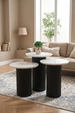 Oslo Yuvarlak Cilalı MDF Zigon Sehpa  3'lü Set, Ahşap Ayak Siyah