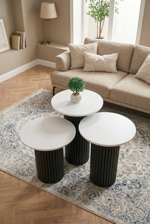 Oslo Yuvarlak Cilalı MDF Zigon Sehpa  3'lü Set, Ahşap Ayak Siyah