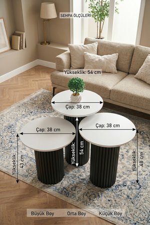 Oslo Yuvarlak Cilalı MDF Zigon Sehpa  3'lü Set, Ahşap Ayak Siyah
