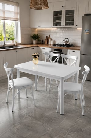 70x120 Sabit Masa + 4 Adet Çapraz Sandalye Mutfak & Yemek Masası Takımı Beyaz
