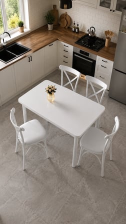 70x120 Sabit Masa + 4 Adet Çapraz Sandalye Mutfak & Yemek Masası Takımı Beyaz