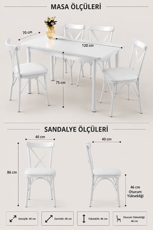 70x120 Sabit Masa + 4 Adet Çapraz Sandalye Mutfak & Yemek Masası Takımı Beyaz