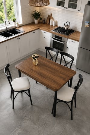 70x120 Sabit Masa + 4 Adet Çapraz Sandalye Mutfak & Yemek Masası Takımı Ceviz