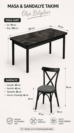 70x120 Sabit Masa + 4 Adet Çapraz Sandalye Mutfak & Yemek Masası Takımı Siyah Mermer