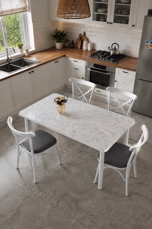 70x120 Sabit Masa + 4 Adet Çapraz Sandalye Mutfak & Yemek Masası Takımı beyaz mermer