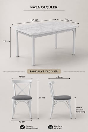 70x120 Sabit Masa + 4 Adet Çapraz Sandalye Mutfak & Yemek Masası Takımı beyaz mermer