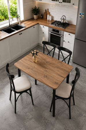 70x120 Sabit Masa + 4 Adet Çapraz Sandalye Mutfak & Yemek Masası Takımı Diş Budak