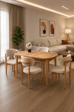 Kelebek Mdf Gizli Kaşıklıklı Masa +4 Adet Ahşap Polo Sandalye Takım Naturel